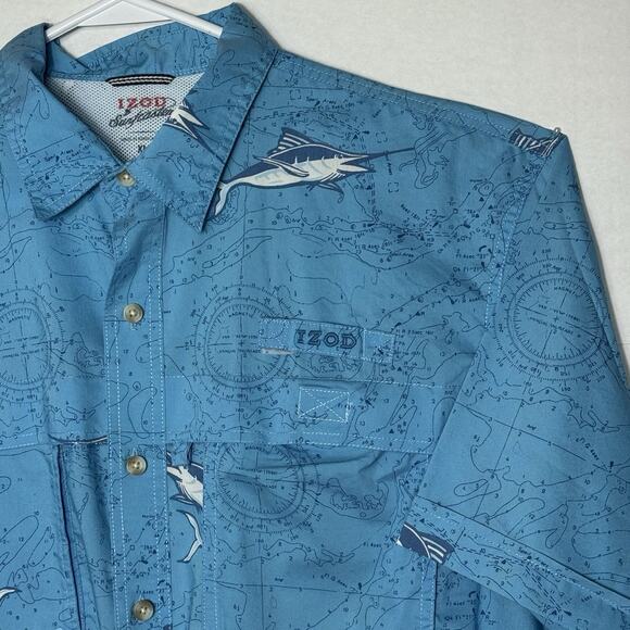 IZOD Sunfaster Fishing Shirt XL Blue Marlin Short Sleeve Performance Button Down - Picture 2 of 11